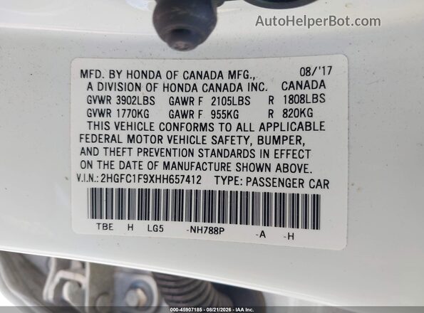 2HGFC1F9XHH657412 2017 HONDA CIVIC White Вид підкапотного простору
