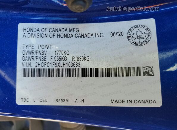 2HGFC1F9XLH103683 2020 HONDA CIVIC Blue Շարժիչի բաժամունքի տեսք
