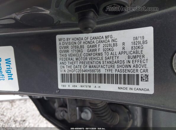 2HGFC2E64KH588706 2019 HONDA CIVIC Gray Engine compartment view