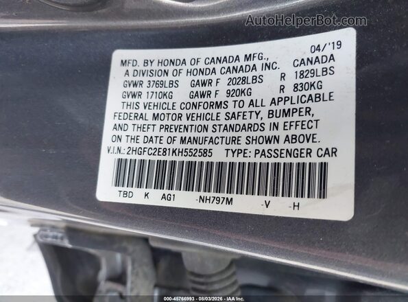 2HGFC2E81KH552585 2019 HONDA CIVIC Gray Вид підкапотного простору
