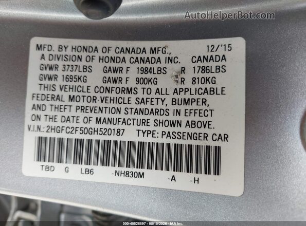 2HGFC2F50GH520187 2016 HONDA CIVIC Silver ძრავის განყოფილების ხედი