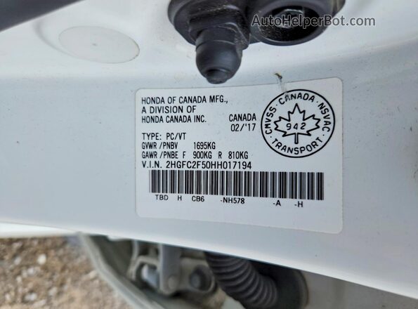 2HGFC2F50HH017194 2017 HONDA CIVIC Белый Вид подкапотного пространства