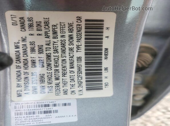 2HGFC2F50HH511006 2017 HONDA CIVIC Silver VIN sticker view