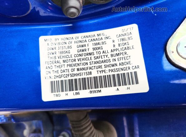 2HGFC2F50HH511538 2017 HONDA CIVIC Blue Widok naklejki z numerem VIN