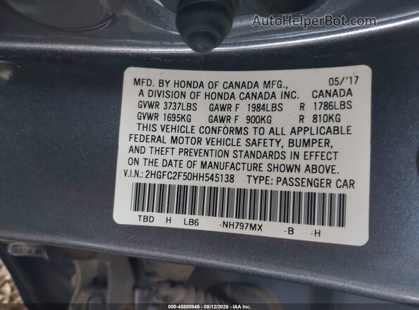 2HGFC2F50HH545138 2017 HONDA CIVIC Gray Widok komory silnika