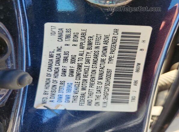 2HGFC2F50JH500397 2018 HONDA CIVIC Black Вид наклейки з VIN-кодом