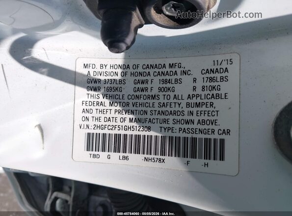 2HGFC2F51GH512308 2016 HONDA CIVIC White Vista del compartimento del motor