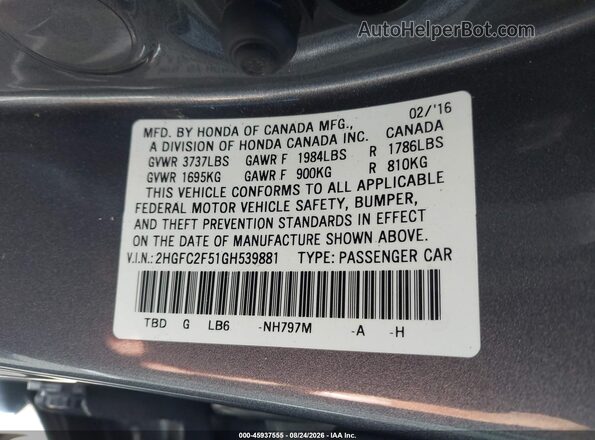 2HGFC2F51GH539881 2016 HONDA CIVIC Gray Вид підкапотного простору