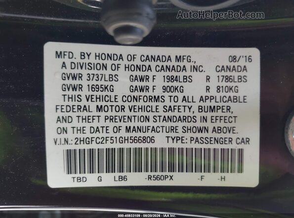 2HGFC2F51GH566806 2016 HONDA CIVIC Black Widok komory silnika