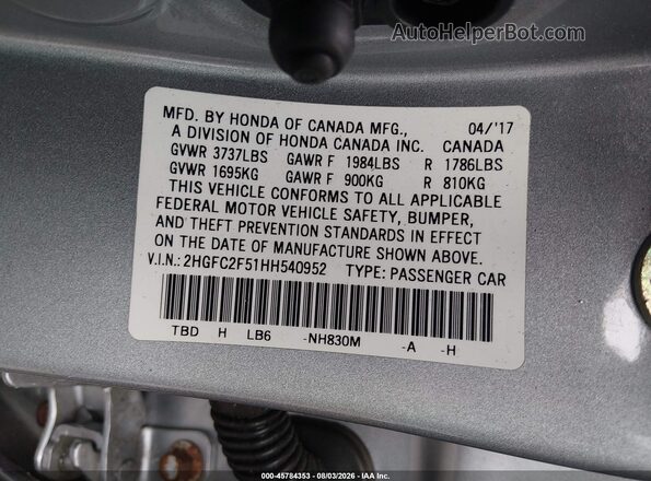 2HGFC2F51HH540952 2017 HONDA CIVIC Silver Вид підкапотного простору
