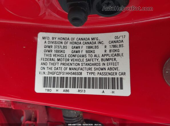 2HGFC2F51HH546508 2017 HONDA CIVIC Red Շարժիչի բաժամունքի տեսք