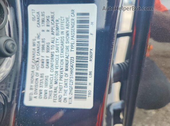 2HGFC2F51HH547223 2017 HONDA CIVIC Black Vista de la etiqueta del VIN