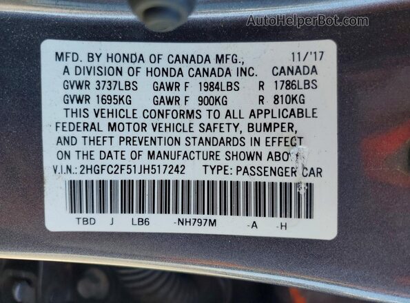 2HGFC2F51JH517242 2018 HONDA CIVIC Gray Widok komory silnika