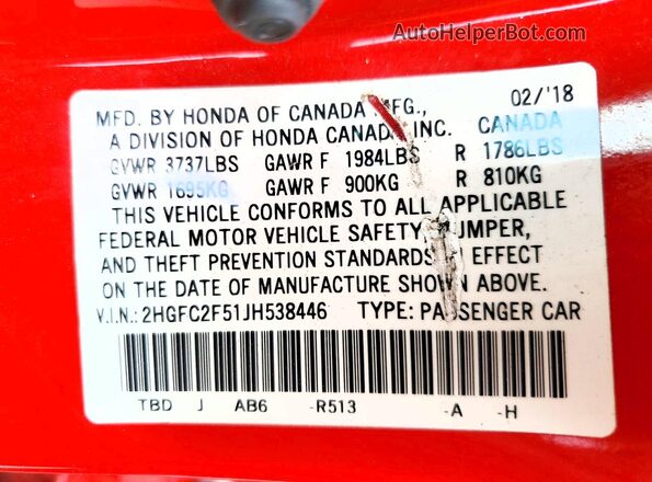 2HGFC2F51JH538446 2018 HONDA CIVIC Red Widok naklejki z numerem VIN