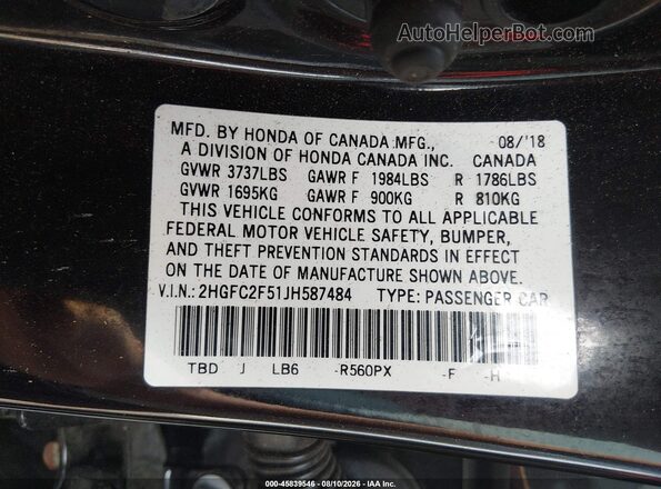 2HGFC2F51JH587484 2018 HONDA CIVIC Black Engine compartment view