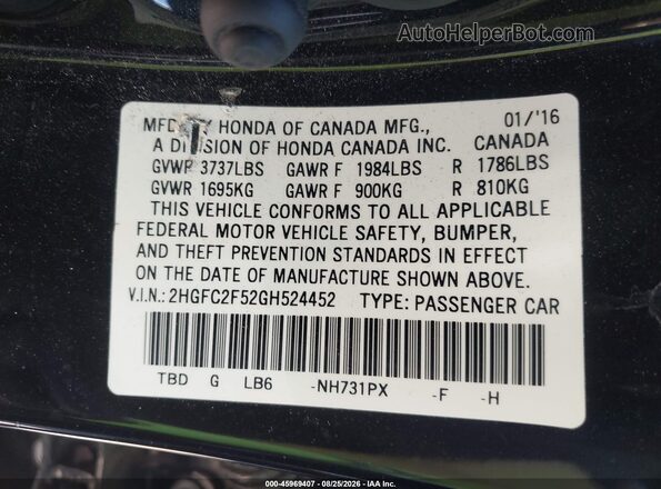 2HGFC2F52GH524452 2016 HONDA CIVIC Black Widok komory silnika