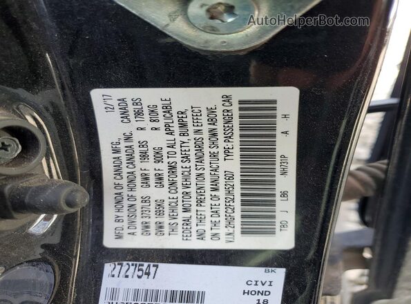 2HGFC2F52JH521607 2018 HONDA CIVIC Black VIN კოდის სტიკერის ხედი
