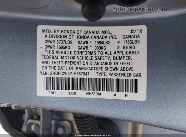 2HGFC2F52JH537547 2018 HONDA CIVIC Silver ძრავის განყოფილების ხედი