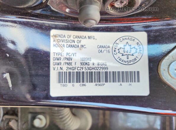 2HGFC2F53GH022999 2016 HONDA CIVIC Black VIN კოდის სტიკერის ხედი