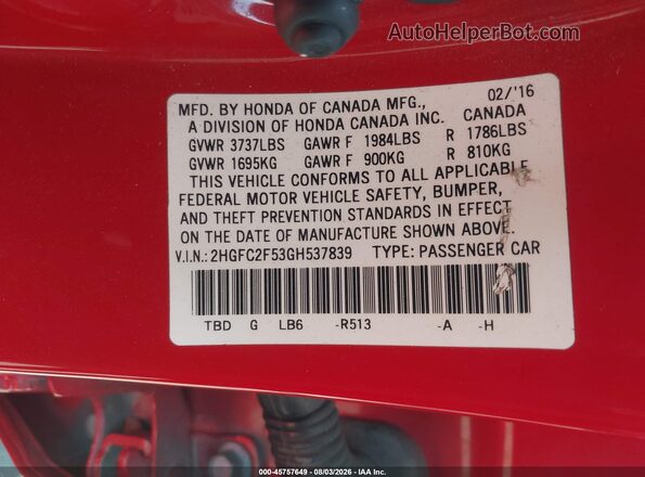 2HGFC2F53GH537839 2016 HONDA CIVIC Red Vista del compartimento del motor