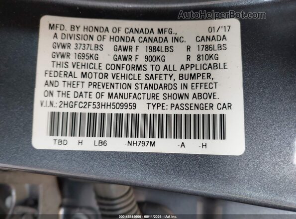 2HGFC2F53HH509959 2017 HONDA CIVIC Gray Vista del compartimento del motor