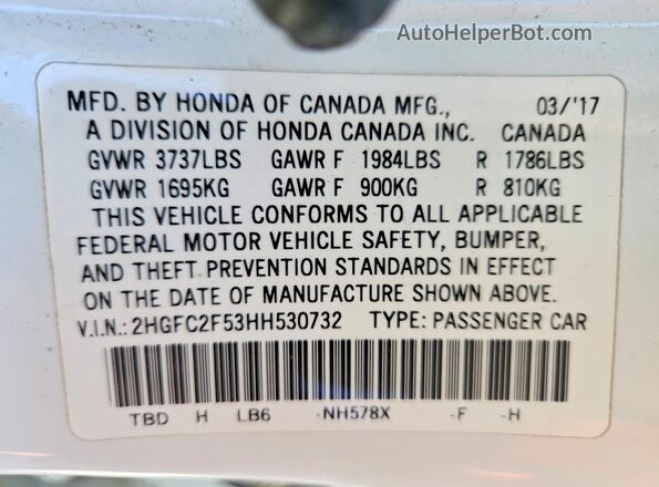 2HGFC2F53HH530732 2017 HONDA CIVIC White Vista del compartimento del motor