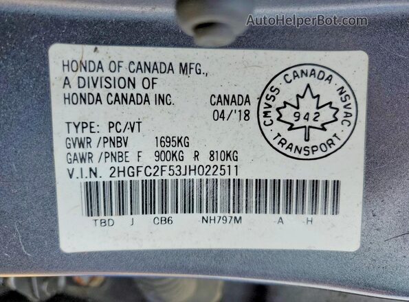 2HGFC2F53JH022511 2018 HONDA CIVIC Gray Widok naklejki z numerem VIN