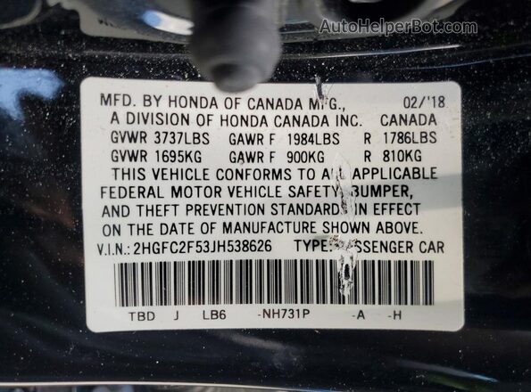 2HGFC2F53JH538626 2018 HONDA CIVIC Black Vista de la etiqueta del VIN