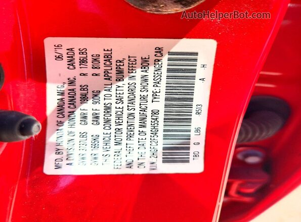 2HGFC2F54GH554780 2016 HONDA CIVIC Red Vista del compartimento del motor