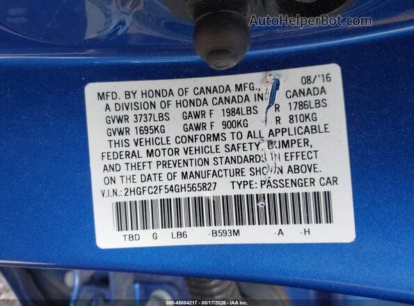 2HGFC2F54GH565827 2016 HONDA CIVIC Blue Շարժիչի բաժամունքի տեսք