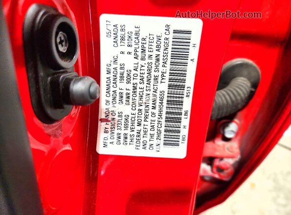 2HGFC2F54HH544655 2017 HONDA CIVIC Red VIN კოდის სტიკერის ხედი