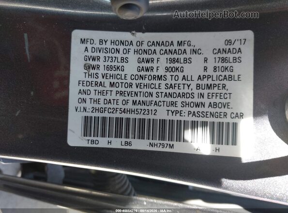 2HGFC2F54HH572312 2017 HONDA CIVIC Gray Widok komory silnika
