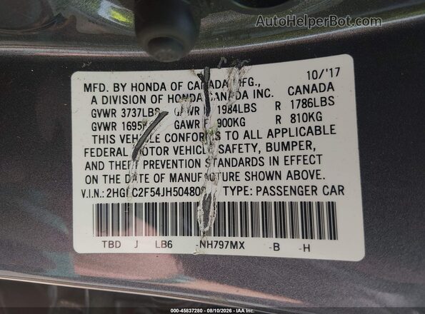 2HGFC2F54JH504808 2018 HONDA CIVIC Серый Вид подкапотного пространства