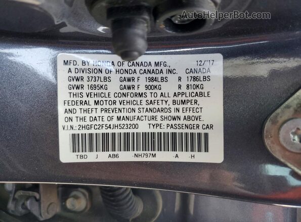 2HGFC2F54JH523200 2018 HONDA CIVIC Gray Շարժիչի բաժամունքի տեսք