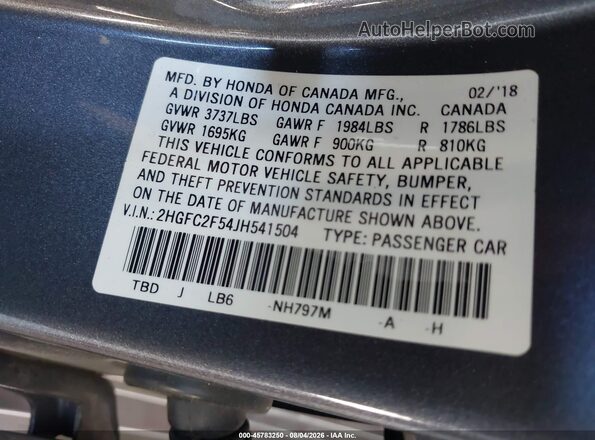 2HGFC2F54JH541504 2018 HONDA CIVIC Silver Widok komory silnika