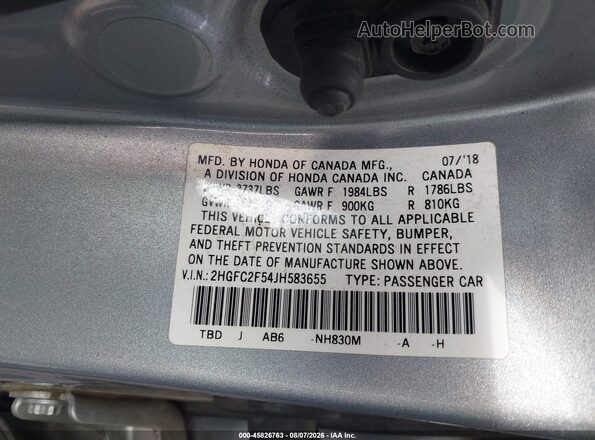 2HGFC2F54JH583655 2018 HONDA CIVIC Silver ძრავის განყოფილების ხედი