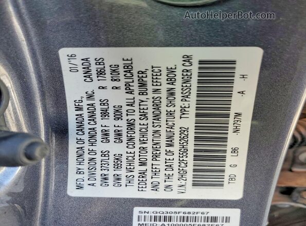 2HGFC2F55GH526292 2016 HONDA CIVIC Gray VIN կոդի պիտակի տեսք