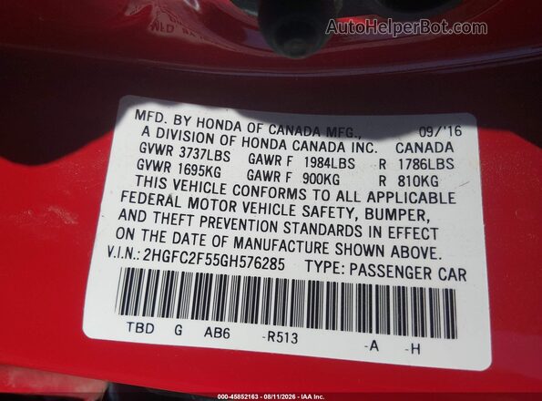 2HGFC2F55GH576285 2016 HONDA CIVIC Red Widok komory silnika