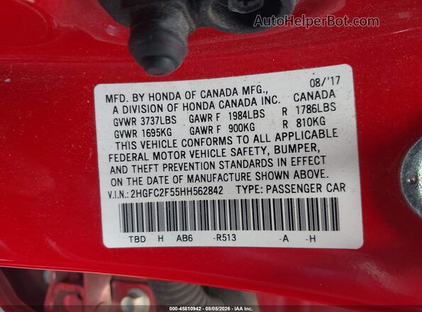 2HGFC2F55HH562842 2017 HONDA CIVIC Red Vista del compartimento del motor