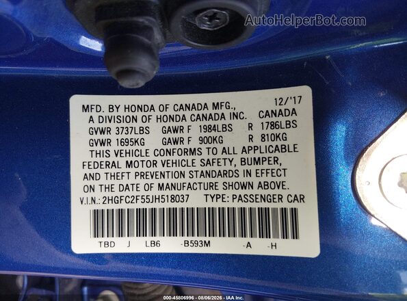2HGFC2F55JH518037 2018 HONDA CIVIC Blue ძრავის განყოფილების ხედი