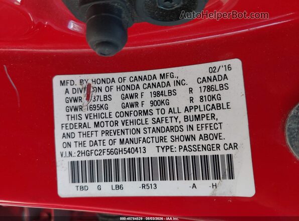 2HGFC2F56GH540413 2016 HONDA CIVIC Red Engine compartment view