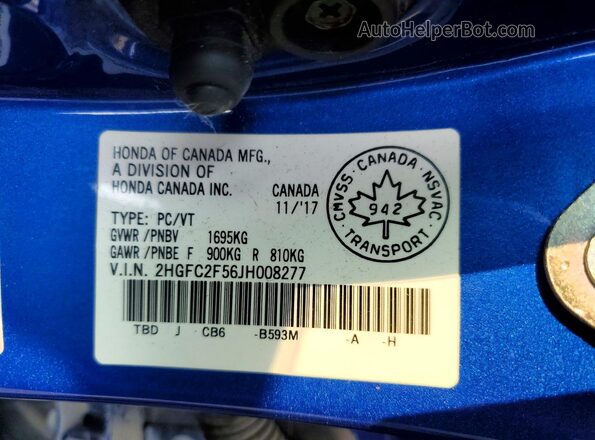 2HGFC2F56JH008277 2018 HONDA CIVIC Blue Widok naklejki z numerem VIN
