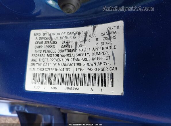 2HGFC2F56JH604103 2018 HONDA CIVIC Синий Вид подкапотного пространства