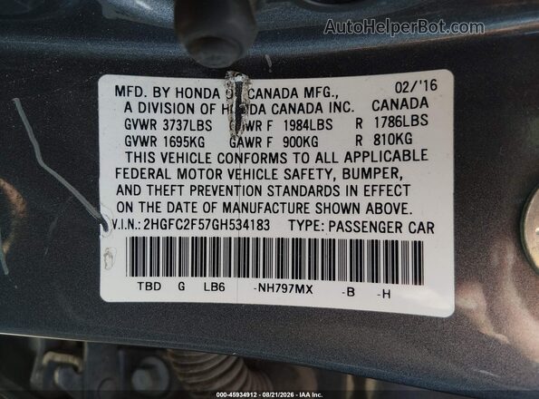 2HGFC2F57GH534183 2016 HONDA CIVIC Gray ძრავის განყოფილების ხედი