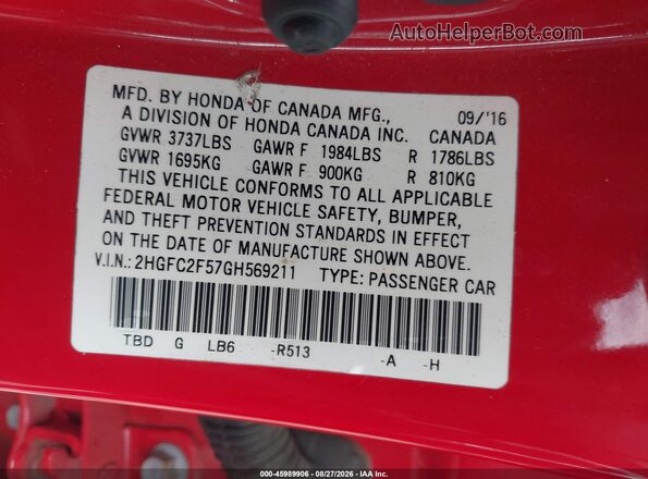 2HGFC2F57GH569211 2016 HONDA CIVIC Red Շարժիչի բաժամունքի տեսք