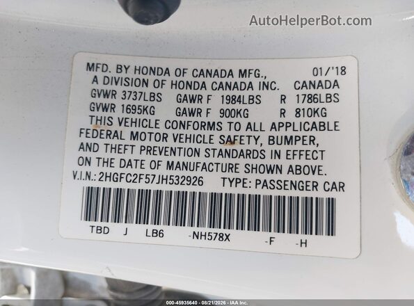 2HGFC2F57JH532926 2018 HONDA CIVIC White ძრავის განყოფილების ხედი