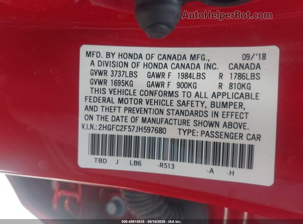 2HGFC2F57JH597680 2018 HONDA CIVIC Red ძრავის განყოფილების ხედი