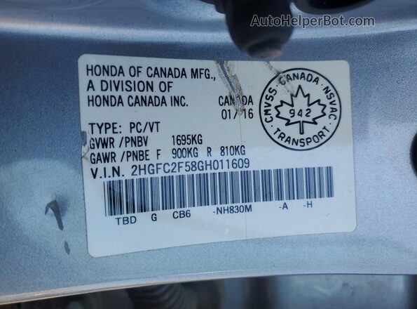 2HGFC2F58GH011609 2016 HONDA CIVIC Silver VIN կոդի պիտակի տեսք