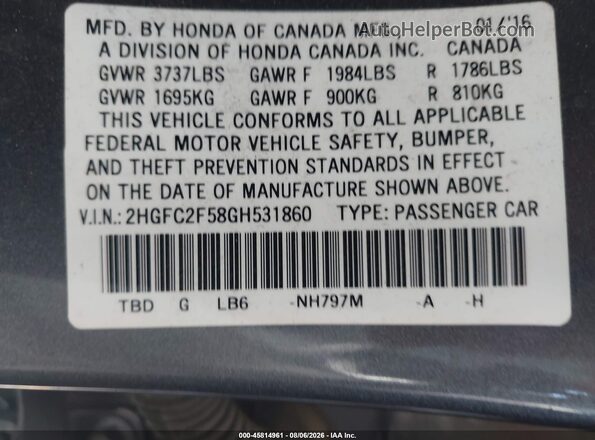 2HGFC2F58GH531860 2016 HONDA CIVIC Gray Vista del compartimento del motor