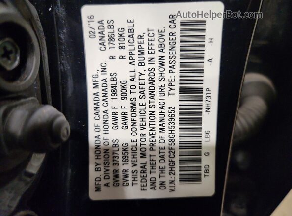 2HGFC2F58GH539652 2016 HONDA CIVIC Black Вид наклейки з VIN-кодом